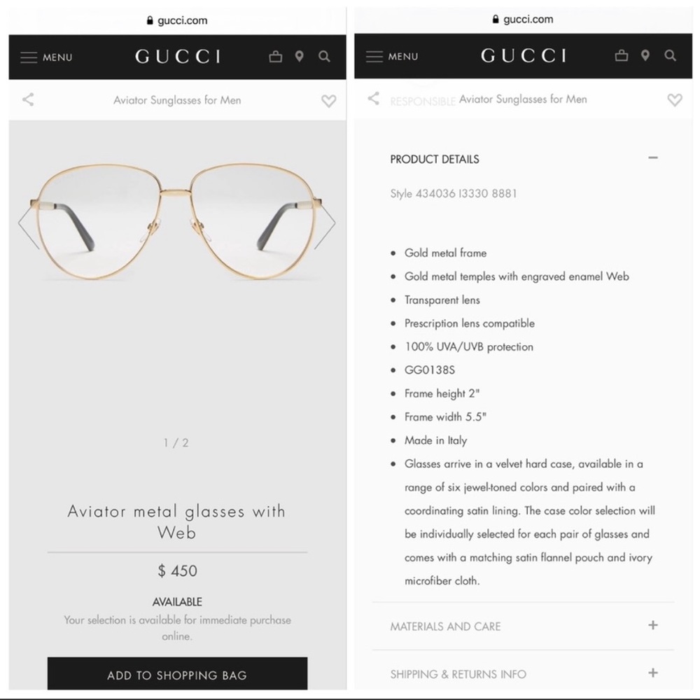 Gucci Aviator Metal Glasses With Web